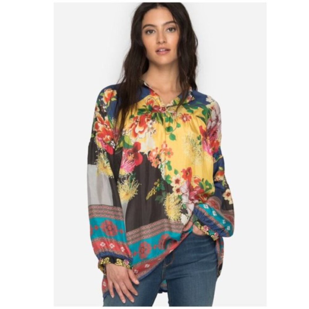 Johnny Was Aura Peasant Colorful Boho Silk Top Sz L